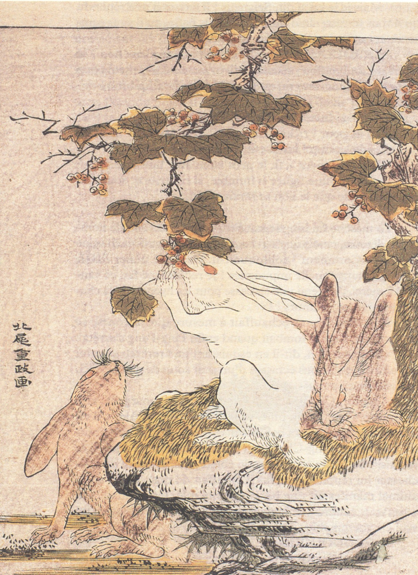 ambiguous_gender ancient_art berry brown_body brown_fur eating eating_food feral food fruit fur grass group hi_res japanese_text lagomorph leporid long_ears mammal on_hind_legs open_mouth outside plant quadruped rabbit red_eyes scut_tail shigemasa_kitao short_tail tail text traditional_media_(artwork) tree trio whiskers white_body white_fur