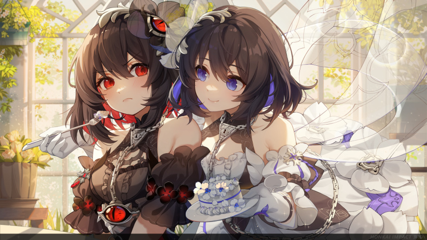 2girls bare_shoulders black_dress black_hair black_headwear blue_eyes blue_hair blush breasts cake chain chinese_commentary closed_mouth colored_inner_hair day detached_sleeves dress dual_persona feeding flower food fork gloves hair_between_eyes hair_flower hair_ornament highres holding holding_fork holding_plate honkai_(series) honkai_impact_3rd indoors lock logo looking_at_another medium_breasts multicolored_hair multiple_girls official_art plant plate red_eyes red_hair seele_(alter_ego) seele_vollerei seele_vollerei_(stygian_nymph) short_hair smile tsundere upper_body v-shaped_eyebrows white_dress white_gloves white_headwear window