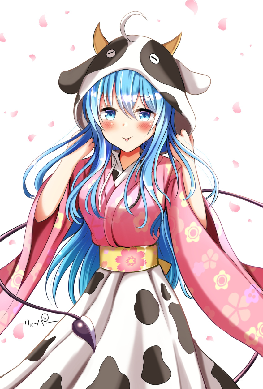 1girl ahoge animal_print blue_eyes blue_hair chinese_zodiac cow_hood cow_horns cow_print falling_petals floral_print hair_between_eyes highres horns japanese_clothes kimono long_hair obi original petals pink_kimono ryopa sash solo tail tongue wide_sleeves year_of_the_ox yellow_sash