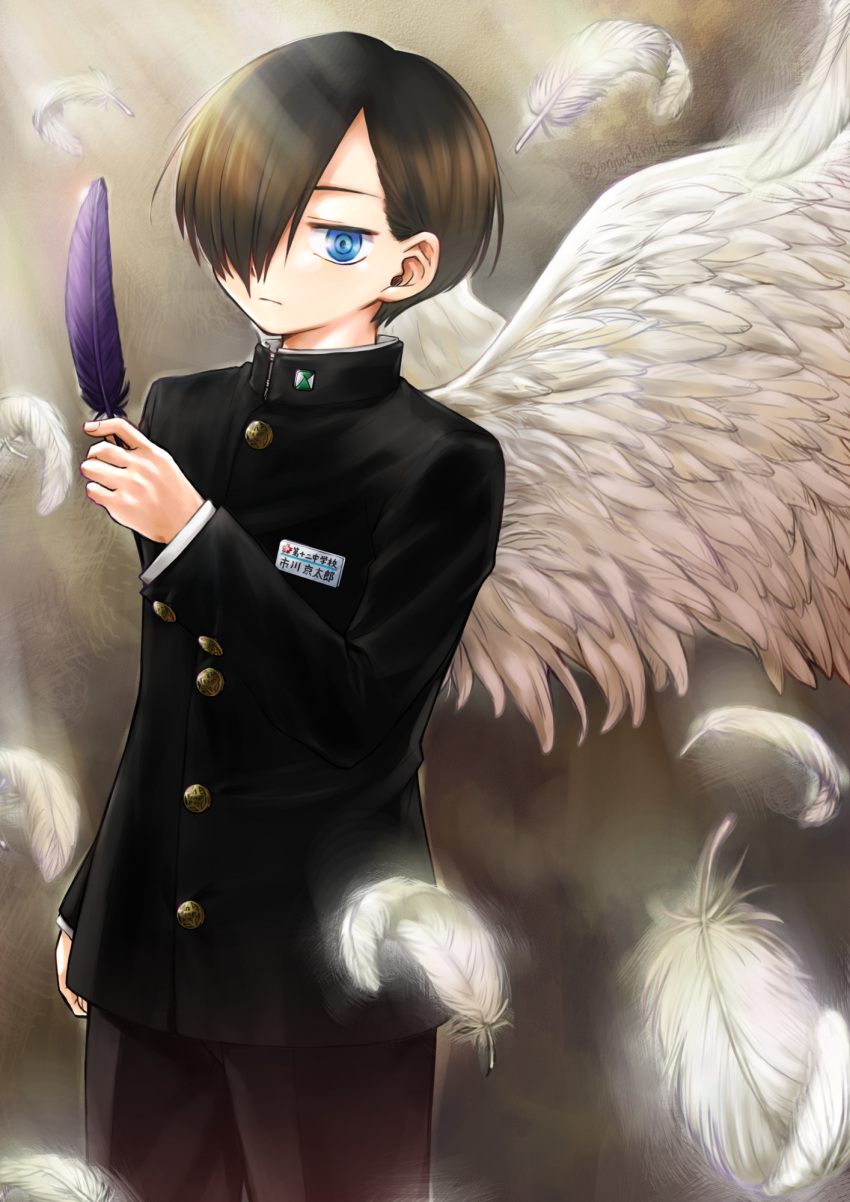 1boy black_pants blue_eyes boku_no_kokoro_no_yabai_yatsu feathered_wings feathers gakuran hair_over_one_eye highres holding holding_feather ichikawa_kyoutarou light long_sleeves male_focus name_tag pants school_uniform serious shijuuichi standing white_wings wings