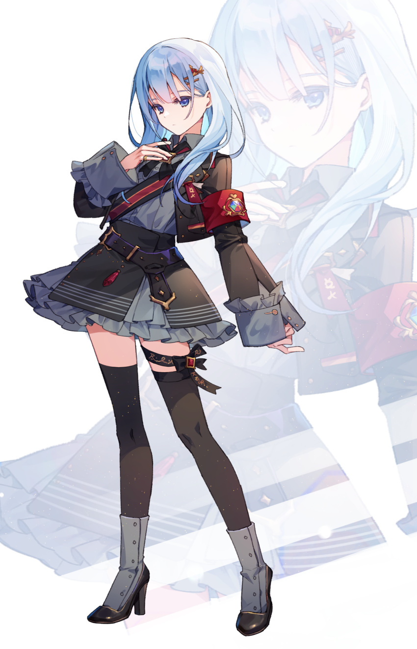 1girl absurdres alternate_costume armband black_bow black_bowtie black_skirt black_thighhighs blue_eyes blue_hair boots bow bowtie closed_mouth collared_shirt frilled_skirt frills full_body grey_footwear grey_shirt highres long_hair long_sleeves looking_at_viewer military_lolita official_alternate_hairstyle project_sekai sash sha_(nz2) shirt skirt solo standing thigh_bow thighhighs very_long_hair white_background yoisaki_kanade zoom_layer
