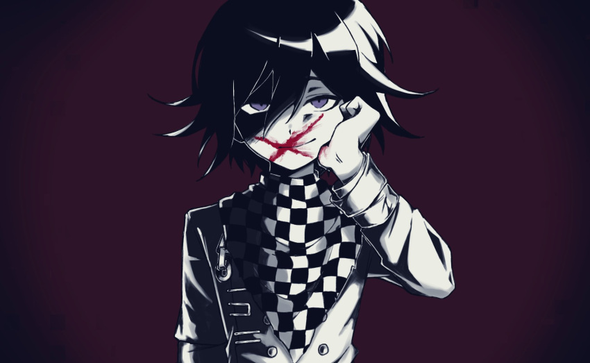 1boy atuiutini_ute black_hair blood blood_on_face buttons checkered_clothes checkered_scarf closed_mouth danganronpa_(series) danganronpa_v3:_killing_harmony double-breasted hair_between_eyes hand_up highres long_sleeves looking_at_viewer male_focus oma_kokichi purple_eyes red_background scarf short_hair smile solo torn_scarf upper_body