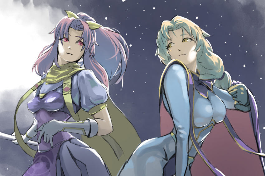 2girls absurdres blonde_hair breasts cape closed_mouth dress gloves hair_ornament hair_ribbon highres ilia_silvestri large_breasts long_hair millie_chliette multiple_girls pink_eyes pink_hair ponytail ribbon russiya smile star_(sky) star_ocean star_ocean_first_departure white_gloves yellow_eyes