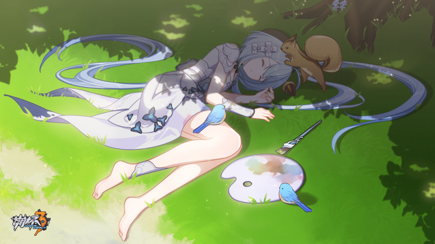 1girl animal barefoot beret bird bird_on_leg black_headwear blue_bird chinese_commentary closed_eyes closed_mouth day dress fetal_position grass griseo hat highres honkai_(series) honkai_impact_3rd logo long_hair lying official_art official_wallpaper on_grass open_hand outdoors paintbrush sleeping solo squirrel tree white_dress