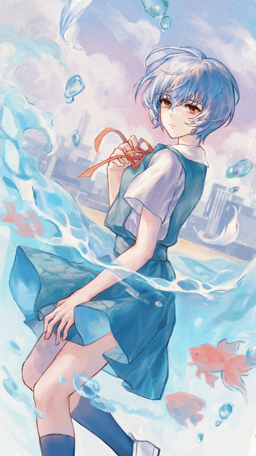 1girl absurdres air_bubble ayanami_rei bangs black_socks blue_dress bubble closed_mouth cloud dress fish foot_out_of_frame from_side guqinglan hand_up highres kneehighs looking_at_viewer neon_genesis_evangelion outdoors red_eyes red_ribbon ribbon school_uniform shirt shoes short_hair short_sleeves socks solo tokyo-3_middle_school_uniform wading water white_hood white_shirt