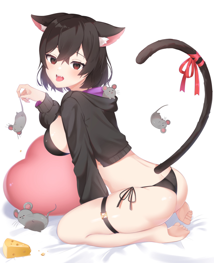 1girl absurdres animal animal_ears aoitsuki ass barefoot bed_sheet black_bra black_hair black_hoodie black_panties bra breasts brown_eyes cat_ears cat_girl cat_tail cheese commentary food from_side heart heart_pillow highres holding holding_animal hood hood_down hoodie long_sleeves looking_at_viewer medium_breasts mouse no_pants on_bed open_clothes open_hoodie open_mouth original panties pillow ribbon side-tie_panties simple_background solo tail tail_ornament tail_ribbon thigh_strap tongue tongue_out underwear white_background