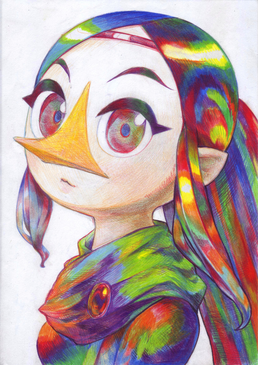 1girl absurdres beak blue_hair breasts circlet commentary_request green_eyes green_hair highres medium_breasts medli multicolored_eyes multicolored_hair o_den pointy_ears ponytail red_eyes red_hair solo the_legend_of_zelda the_legend_of_zelda:_the_wind_waker upper_body