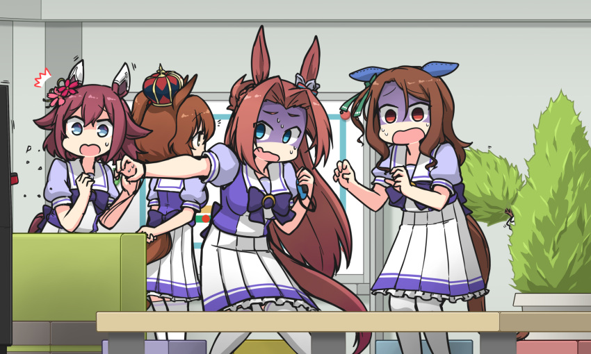 4girls animal_ears aston_machan_(umamusume) blue_eyes bow bowtie brown_eyes brown_hair controller crown ear_covers ear_ornament flipped_hair flower frilled_skirt frills game_controller gloom_(expression) green_bow hair_bow hair_flower hair_intakes hair_ornament hamu_koutarou highres horse_ears horse_girl horse_tail horseshoe_ornament kawakami_princess_(umamusume) king_halo_(umamusume) long_hair mini_crown multiple_girls pleated_skirt puffy_short_sleeves puffy_sleeves purple_bow purple_bowtie purple_hair purple_serafuku purple_shirt red_hair sailor_collar sailor_shirt sakura_chiyono_o_(umamusume) school_uniform serafuku shirt short_hair short_sleeves skirt tail tracen_school_uniform turn_pale umamusume wavy_mouth white_skirt