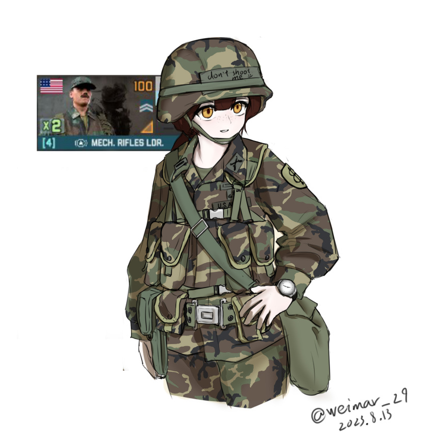 1girl bag brown_hair buckle camouflage cold_war english_text freckles gameplay_mechanics helmet highres load_bearing_equipment military military_uniform uniform united_states_army warno watch weimar_29 yellow_eyes
