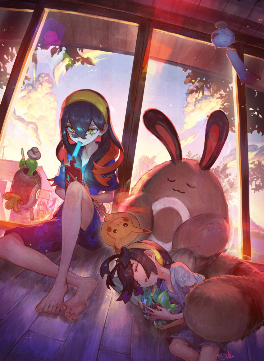 1boy 1girl barefoot blue_shirt blue_shorts brother_and_sister carmine_(pokemon) chimecho closed_eyes cloud commentary_request day feet food hairband highres holding holding_mask kieran_(pokemon) knees lying mask mouth_hold nijimaarc pokemon pokemon_(creature) pokemon_(game) pokemon_sv poltchageist popsicle rotom rotom_phone sentret shirt shorts siblings sitting sky toes wooden_floor yellow_hairband