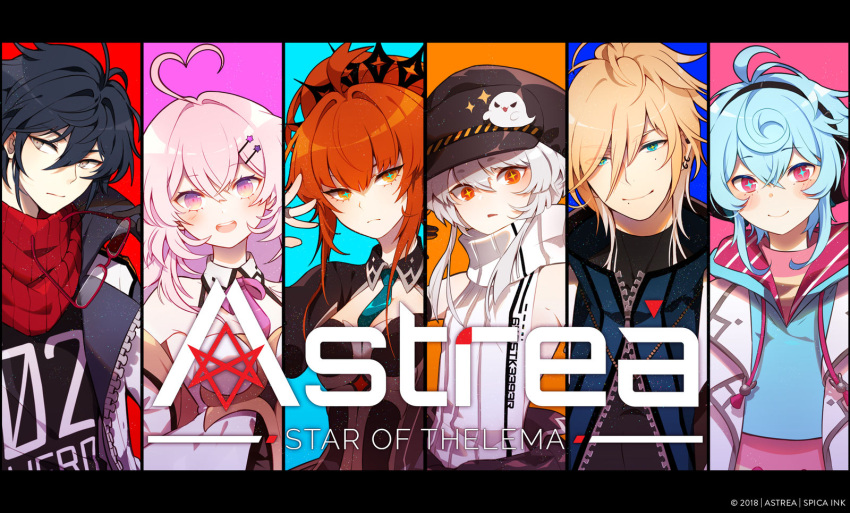 +_+ 2018 3boys 3girls antenna_hair aqua_eyes aqua_necktie astrea:_star_of_thelema bare_shoulders black_collar black_hair black_headwear black_jacket black_shirt blonde_hair blue_background blue_hair blue_hoodie blue_pupils blunt_bangs blush_stickers bow bowtie breasts cabbie_hat centaurea_(astrea) character_request cleavage_cutout closed_mouth clothes_around_waist clothing_cutout collar collared_shirt commentary copyright_name corset crown detached_collar ear_piercing english_commentary everyone eyelashes frown ghost_print glasses grey_eyes hair_ornament hairclip hat heart_antenna_hair helianthus_(astrea) hen-tie highres holding holding_removed_eyewear hood hood_down hoodie jacket jacket_around_waist jewelry large_breasts letterboxed lilium_(astrea) long_hair long_sleeves looking_at_viewer mole mole_under_eye multicolored_background multiple_boys multiple_girls necktie open_clothes open_jacket open_mouth orange_background orange_eyes orange_hair parted_lips partially_unzipped piercing pink_background pink_bow pink_bowtie pink_eyes pink_hair pink_headwear pink_hoodie pink_shirt ponytail purple_background red-framed_eyewear red_background red_scarf ring scarf seren_(astrea) shirt short_hair short_hair_with_long_locks sleeveless sleeveless_shirt smile sparkle striped striped_hoodie striped_scarf striped_shirt turtleneck two-sided_fabric two-sided_hoodie two-sided_jacket unworn_eyewear upper_body vertical-striped_scarf vertical-striped_shirt vertical_stripes white_hair white_jacket white_scarf white_shirt wide_sleeves zipper