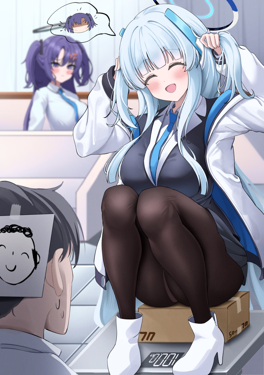 1boy 2girls ^_^ absurdres arona's_sensei_doodle_(blue_archive) black_pantyhose black_skirt blue_archive blue_hair blush box breasts cardboard_box closed_eyes deriolet facing_another halo highres indoors jacket large_breasts light_blue_hair looking_at_another multiple_girls noa_(blue_archive) open_clothes open_jacket pantyhose purple_hair sensei_(blue_archive) sidelocks skirt smile spoken_expression sweatdrop two-sided_fabric two-sided_jacket two_side_up weighing_scale yuuka_(blue_archive)
