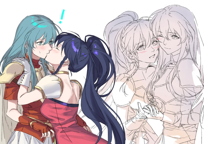 ! 2girls aqua_eyes aqua_hair armor blue_hair blush cape closed_eyes eirika_(fire_emblem) fingerless_gloves fire_emblem fire_emblem:_the_sacred_stones gloves hair_between_eyes hand_on_another's_shoulder highres holding_hands kiss mik_blamike multiple_girls multiple_views one_eye_closed ponytail red_gloves shoulder_armor surprise_kiss surprised tana_(fire_emblem) white_background white_gloves yuri