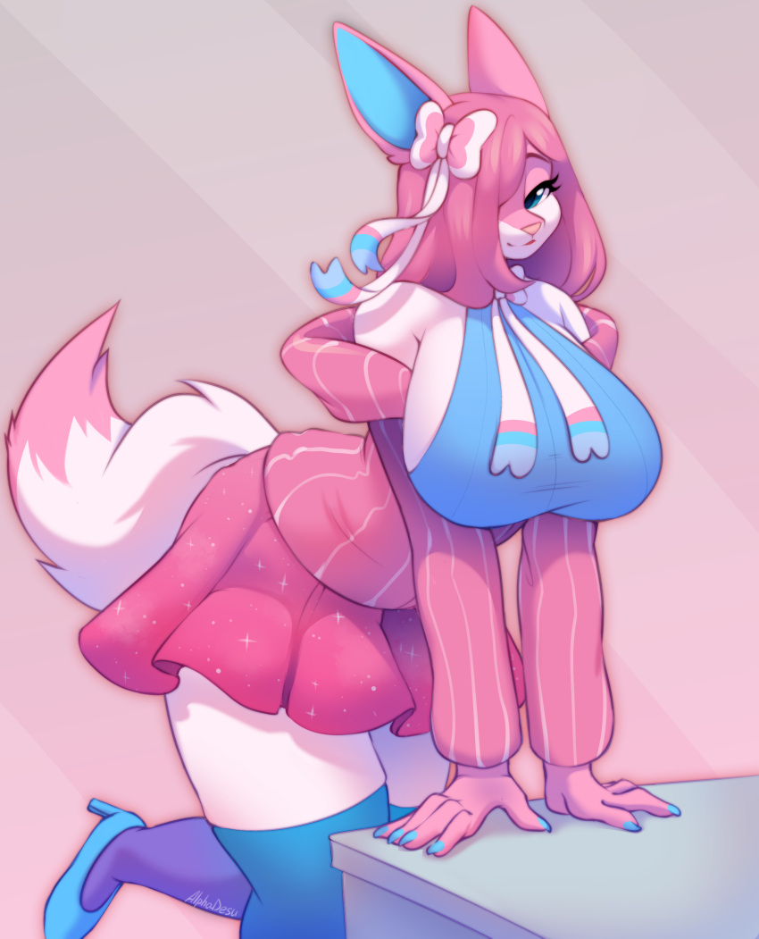 absurd_res alphadesu anthro big_breasts bottomwear breasts clothing eeveelution female footwear generation_6_pokemon hair hi_res high_heels jacket legwear nintendo pink_hair pokemon pokemon_(species) shirt skirt solo sylv_(sylv_ink) sylveon thigh_highs topwear white_body