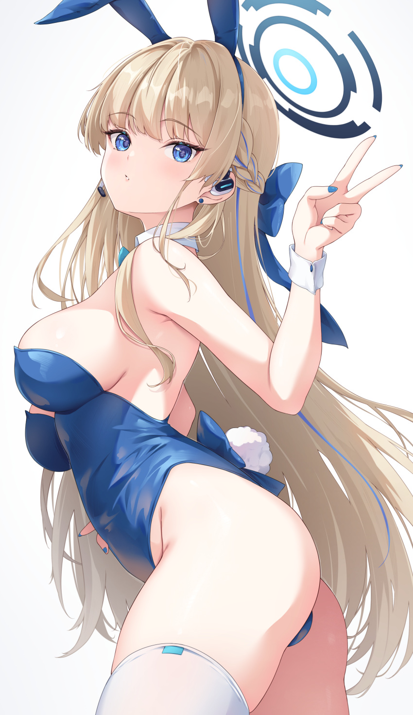 1girl absurdres animal_ears ass bare_shoulders blonde_hair blue_archive blue_bow blue_eyes blue_hairband blue_leotard blue_nails bow bowtie braid breasts detached_collar earpiece earrings fake_animal_ears from_side hairband hand_up highleg highleg_leotard highres iroha_(unyun) jewelry leotard long_hair medium_breasts microphone multicolored_hair official_alternate_costume official_alternate_hairstyle parted_lips piercing playboy_bunny rabbit_ears rabbit_tail revision sideboob simple_background solo streaked_hair stud_earrings tail thighhighs thighs toki_(blue_archive) toki_(bunny)_(blue_archive) v very_long_hair white_background white_thighhighs wrist_cuffs