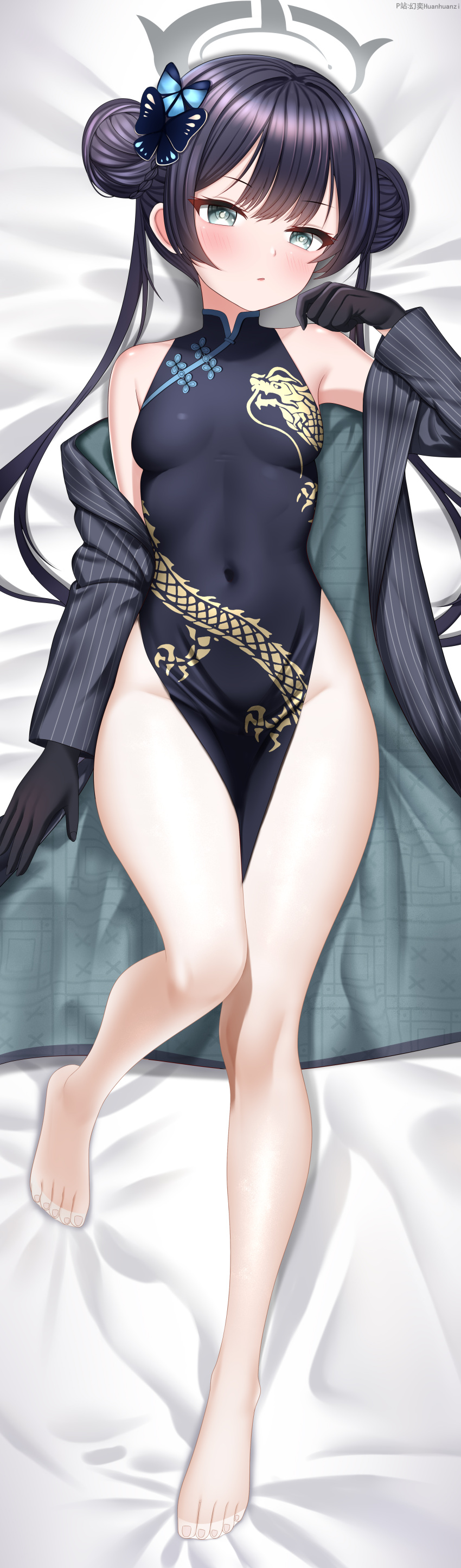 1girl absurdres bare_shoulders bed_sheet black_dress black_gloves black_hair blue_archive blush breasts china_dress chinese_clothes closed_mouth covered_navel dakimakura_(medium) double_bun dress feet full_body gloves hair_bun hair_ornament highres huanyi_huanhuanzi kisaki_(blue_archive) legs long_hair long_sleeves looking_at_viewer lying no_shoes on_back open_clothes pantyhose side_slit sleeveless sleeveless_dress small_breasts solo thighs toenails toes twintails very_long_hair white_pantyhose