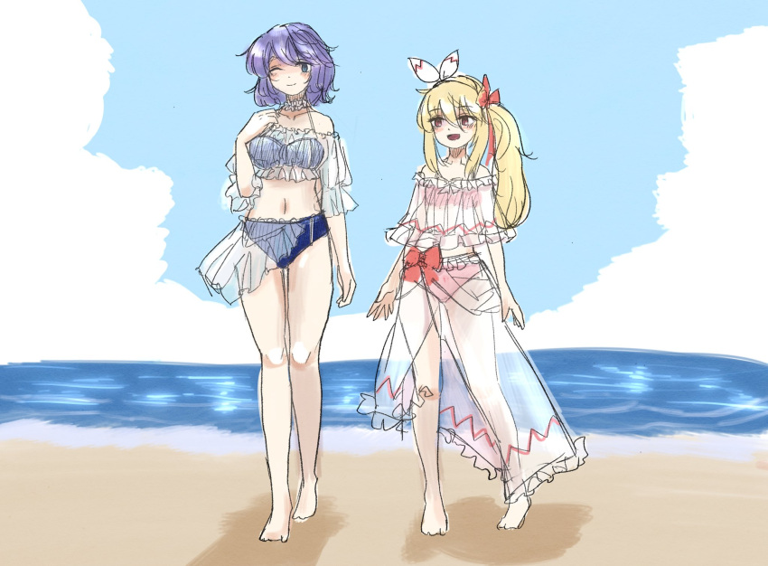 2girls beach blue_sky cloud cloudy_sky highres koyane_(silver81106) letty_whiterock lily_white looking_at_viewer multiple_girls ocean shore sky swimsuit touhou water