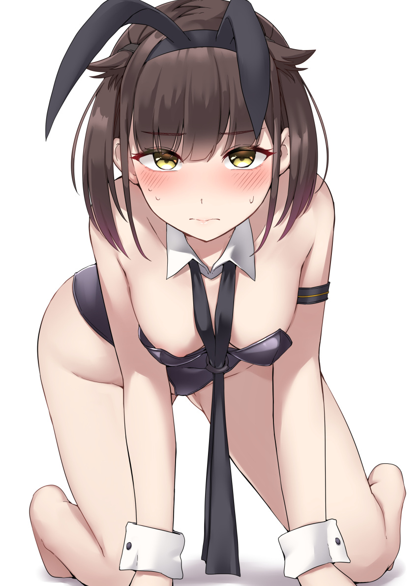 1girl absurdres all_fours animal_ears bad_anatomy barefoot black_leotard blush brown_hair closed_mouth detached_collar fake_animal_ears full_body hatsuzuki_(kancolle) highres kantai_collection kiritto leotard looking_at_viewer playboy_bunny rabbit_ears short_hair simple_background solo strapless strapless_leotard white_background wrist_cuffs yellow_eyes