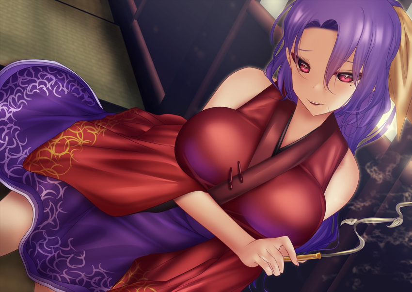 1girl bare_shoulders breasts dutch_angle holding holding_smoking_pipe indoors japanese_clothes kimono komakusa_sannyo large_breasts long_hair looking_at_viewer ponytail purple_hair purple_skirt red_eyes red_kimono shounen_(hogehoge) skirt smile smoking_pipe solo tatami touhou