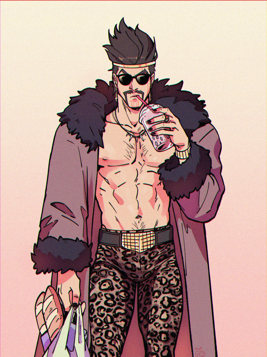 1boy abs absurdres alternate_costume animal_print bag baguette black_hair black_nails bread coat collarbone cowboy_shot draven drinking_straw drinking_straw_in_mouth earrings facial_hair food fur-trimmed_coat fur_trim gatopescado3 hair_up highres holding holding_bag jewelry league_of_legends leopard_print long_sleeves multicolored_pants mustache nail_polish navel nipples open_clothes open_coat pants short_hair solo sunglasses