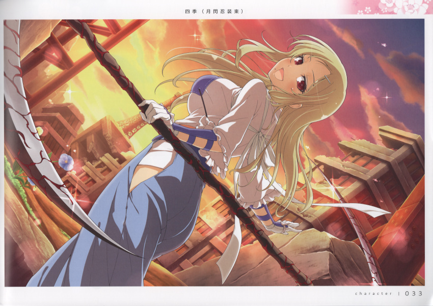 1girl absurdres armor blonde_hair blush breasts cloud cloudy_sky gloves gradient_sky hair_ornament hairclip highres holding holding_weapon large_breasts looking_at_viewer looking_back official_art open_mouth outdoors page_number pants red_eyes scan scythe senran_kagura senran_kagura_new_link shiki_(senran_kagura) simple_background sky smile solo sunset weapon yaegashi_nan