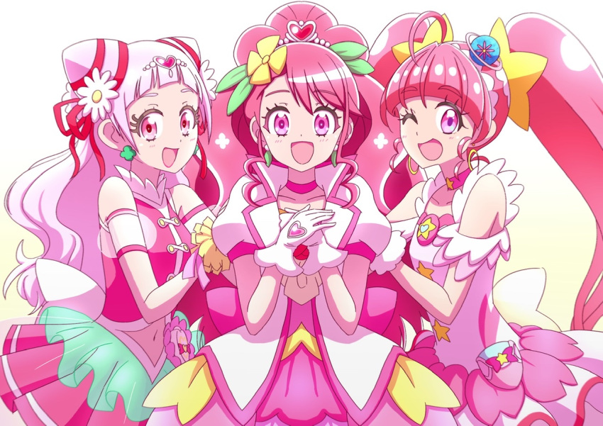 3girls :d ;d ahoge asymmetrical_bangs back_bow big_hair bow bubble_skirt choker clothing_cutout color_connection cone_hair_bun cure_grace cure_star cure_yell cut_bangs double_bun dress earrings flower gloves hair_bow hair_bun hair_flower hair_ornament hanadera_nodoka hands_on_another's_shoulders healin'_good_precure heart heart_hair_ornament hoshina_hikaru hugtto!_precure jacket jewelry long_hair looking_at_viewer magical_girl multiple_girls navel_cutout nono_hana one_eye_closed open_mouth own_hands_together pink_choker pink_eyes pink_hair pleated_dress pom_pom_(clothes) pouch precure puffy_short_sleeves puffy_sleeves series_connection short_dress short_sleeves skirt sleeveless sleeveless_dress smile standing star_(symbol) star_choker star_twinkle_precure tiara twintails very_long_hair white_bow white_gloves white_jacket yellow_bow zerolay