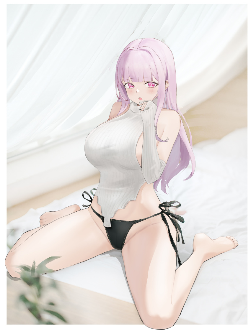1girl absurdres azur_lane bare_legs bare_shoulders barefoot bikini black_bikini blunt_bangs blush border breasts chestnut_mouth chinese_commentary commentary_request detached_sleeves feet hair_intakes highres huge_breasts indoors legs long_hair looking_at_viewer meme_attire open_mouth pink_hair plant plymouth_(azur_lane) ribbed_sleeves ribbed_sweater side-tie_bikini_bottom sitting sleeves_past_wrists solo suo_bu_ye_feng sweater swimsuit teeth thighs toes upper_teeth_only virgin_killer_sweater wariza white_border white_sleeves white_sweater