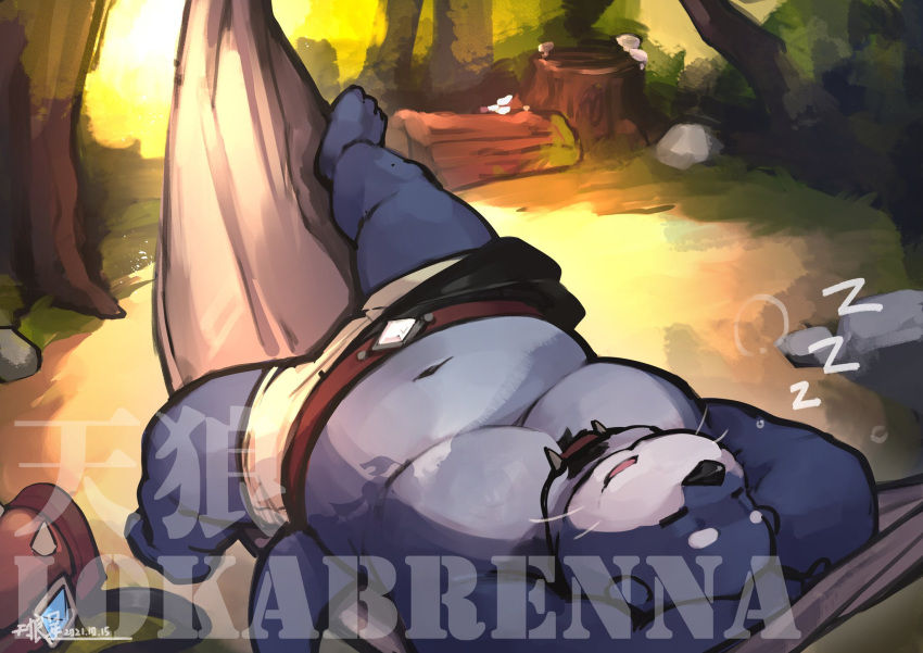 anthro barefoot belt blue_body blue_fur bottomwear chubby_male clothing eyebrows eyes_closed feet forest fur grass hammock hands_behind_head hi_res lokabrenna male mammal mustelid navel neck_tuft open_mouth otter plant shorts shorts_only sleeping solo sound_effects tail tree tree_stump tuft vowelless vowelless_sound_effect zzz