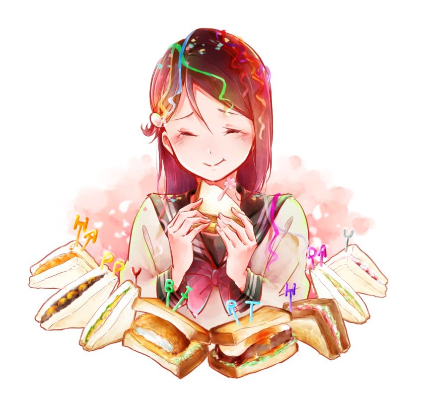 1girl birthday bow bowtie commentary_request confetti eating food grey_sailor_collar happy_birthday holding holding_food long_hair love_live! love_live!_sunshine!! pearl_hair_ornament red_bow red_bowtie red_hair sailor_collar sakurauchi_riko sandwich school_uniform shirt smile toto_(sa-dosama) uranohoshi_school_uniform white_background white_shirt