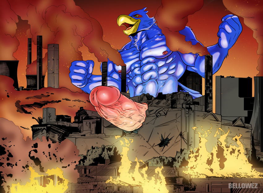 anthro avian beak bellowez bird blue_body building building_penetrated building_sex city destruction erection falco_lombardi fire genitals hi_res humanoid_genitalia humanoid_penis macro male muscular muscular_male nintendo penis solo star_fox