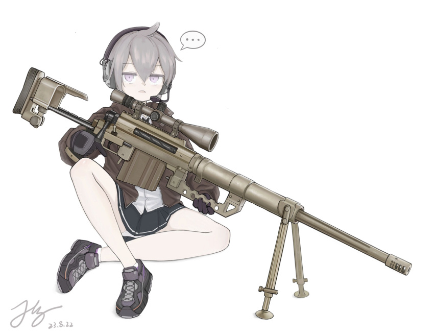 1girl black_skirt bolt_action brown_jacket cheytac_m200 dated girls'_frontline grey_hair gun headset highres jacket jerry_wang m200_(girls'_frontline) pleated_skirt purple_eyes rifle scope shirt shoes signature skirt sneakers sniper_rifle speech_bubble weapon white_shirt