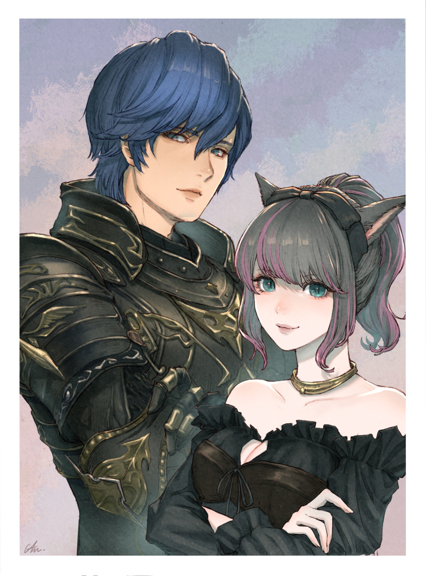 2girls absurdres animal_ears armor bare_shoulders blue_eyes blue_hair border bow breasts cam_(cammero95713700) cat_ears choker cleavage crossed_arms final_fantasy final_fantasy_xiv green_eyes grey_hair hair_between_eyes hair_bow highres hyur looking_at_viewer medium_breasts miqo'te multicolored_hair multiple_girls pink_hair short_hair short_ponytail streaked_hair warrior_of_light_(ff14) white_border