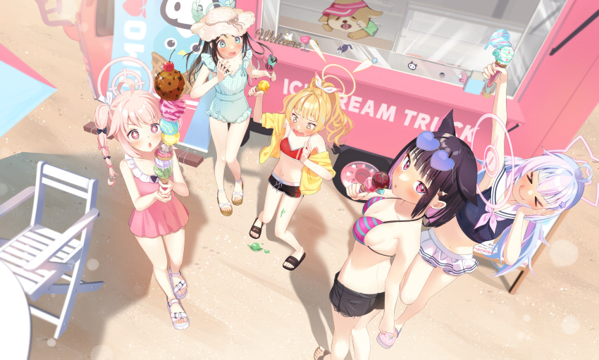 &gt;_&lt; 5girls :o ahoge airi_(blue_archive) animal_ears arm_up beach bikini black_hair black_shorts blonde_hair blue_archive bow breasts chair closed_mouth colored_inner_hair dog dress extra_ears eyewear_on_head flip-flops folding_chair food food_truck hair_bow hair_ornament hairclip halo hand_on_own_cheek hand_on_own_face hat highres holding holding_food ice_cream ice_cream_cone ice_cream_cone_spill kazusa_(blue_archive) kurape_(pat1na) long_hair looking_at_viewer male_swimwear multicolored_hair multiple_girls natsu_(blue_archive) navel one-piece_swimsuit open_mouth outdoors pink_dress pink_hair ponytail reisa_(blue_archive) sand sandals shadow short_hair shorts sleeveless sleeveless_dress small_breasts smile standing standing_on_one_leg striped striped_bikini sun_hat sunglasses swim_trunks swimsuit tearing_up twintails yoshimi_(blue_archive)