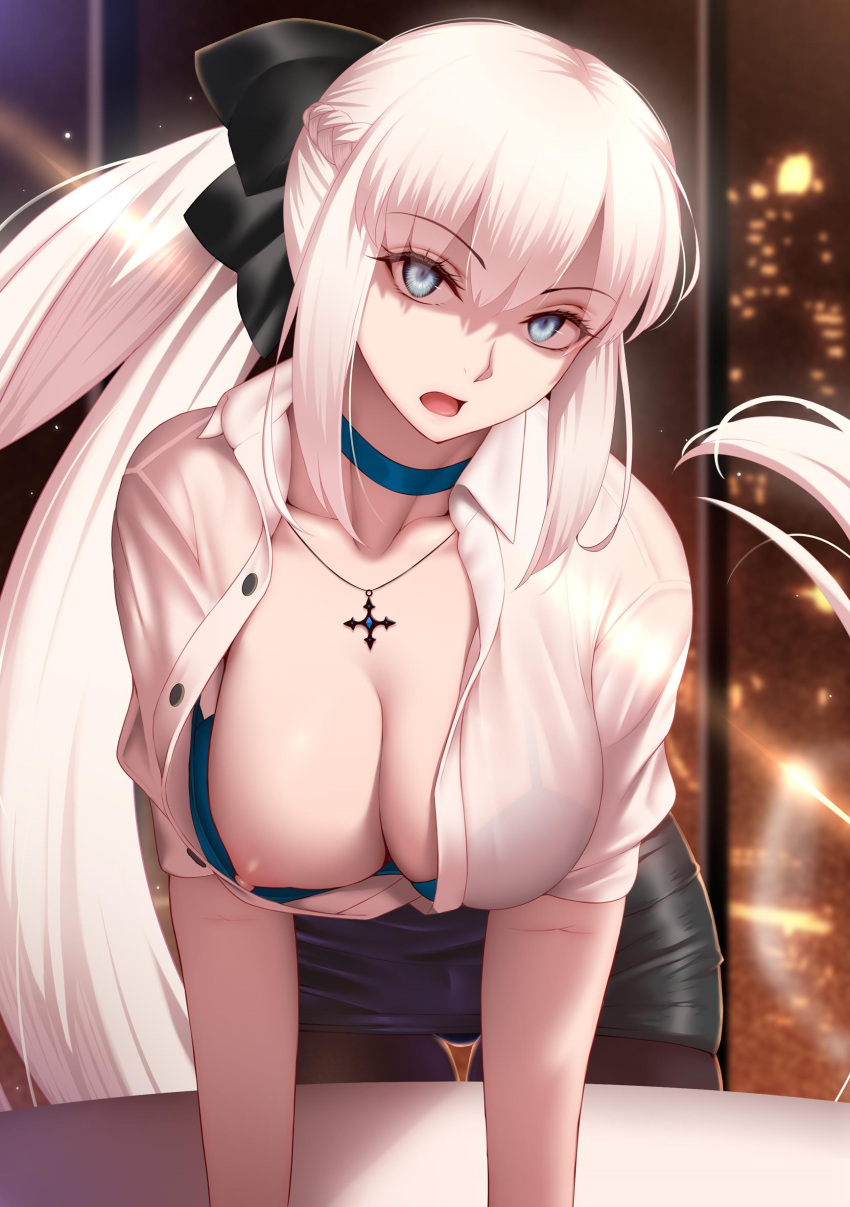 1girl absurdres black_choker black_pantyhose black_skirt blue_eyes blush bra braid breasts character_request choker fate/grand_order fate_(series) french_braid genkung green_bra hair_ribbon highres jewelry large_breasts leaning_forward long_hair looking_at_viewer morgan_le_fay_(fate) necklace nipple_slip nipples open_mouth pantyhose pencil_skirt ponytail ribbon shirt skirt solo underwear very_long_hair wardrobe_malfunction white_hair white_shirt