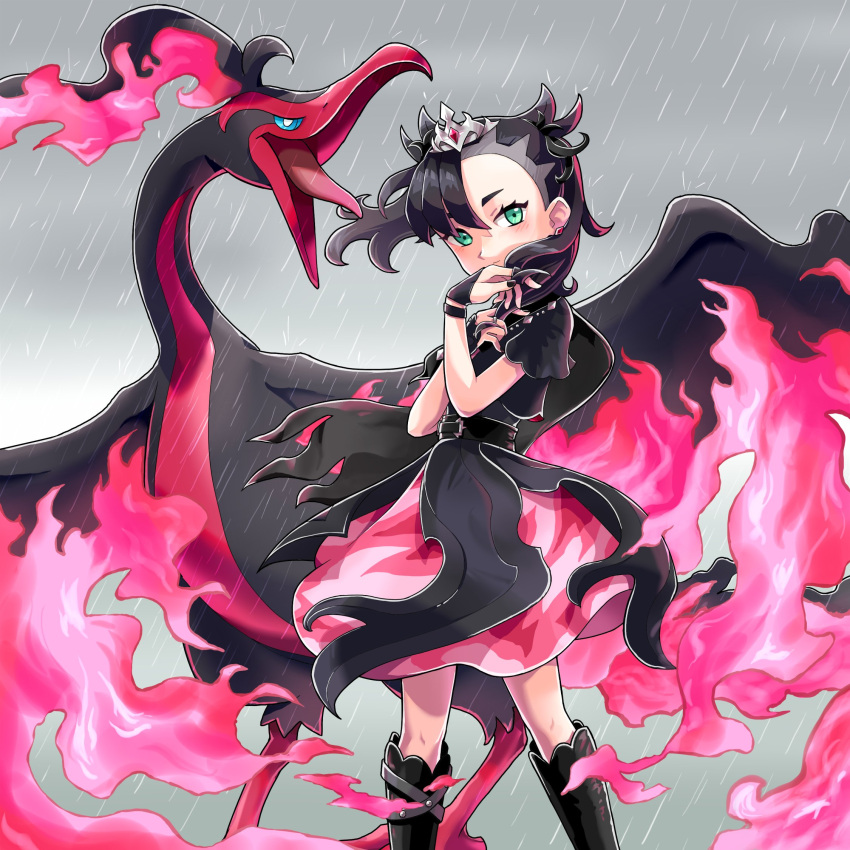 1girl bangs bird black_dress black_footwear black_hair black_nails blush boots closed_mouth commentary_request dress earrings eyelashes ffccll fingerless_gloves galarian_moltres gloves green_eyes grey_background hands_up highres jewelry knee_boots knees looking_at_viewer marnie_(champion)_(pokemon) marnie_(pokemon) nail_polish official_alternate_costume pokemon pokemon_(creature) pokemon_(game) pokemon_masters_ex rain short_sleeves standing tiara