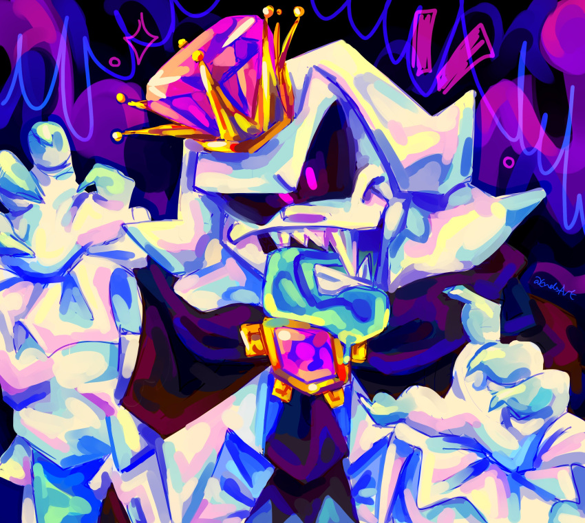 1boy absurdres blue_tongue claw_pose claws colored_skin colored_tongue crown endsart ghost highres humanization jewelry king_boo looking_at_viewer luigi's_mansion male_focus mario_(series) purple_brooch purple_eyes sharp_teeth signature teeth tongue tongue_out white_skin