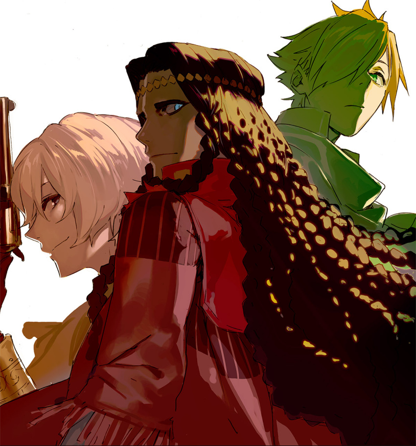 3boys billy_the_kid_(fate) black_hair blonde_hair blue_eyes braid cloak coat dark-skinned_male dark_skin fate/grand_order fate_(series) geronimo_(fate) geronimo_(third_ascension)_(fate) green_cloak green_eyes gun hair_over_one_eye highres holding holding_gun holding_weapon long_hair male_focus multiple_boys multiple_braids orange_hair pako_(pakosun) red_coat revolver robin_hood_(fate) weapon white_background