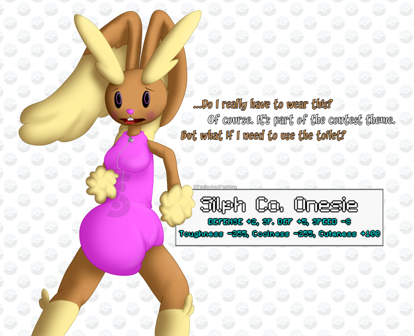 anthro buckteeth clothed clothing dialogue diaper diaper_under_clothing english_text female gameplay_mechanics generation_4_pokemon hi_res infantilism lock lopunny nintendo onesie padlock padlockedpadding pink_clothing pokemon pokemon_(species) solo teeth text wearing_diaper zipper