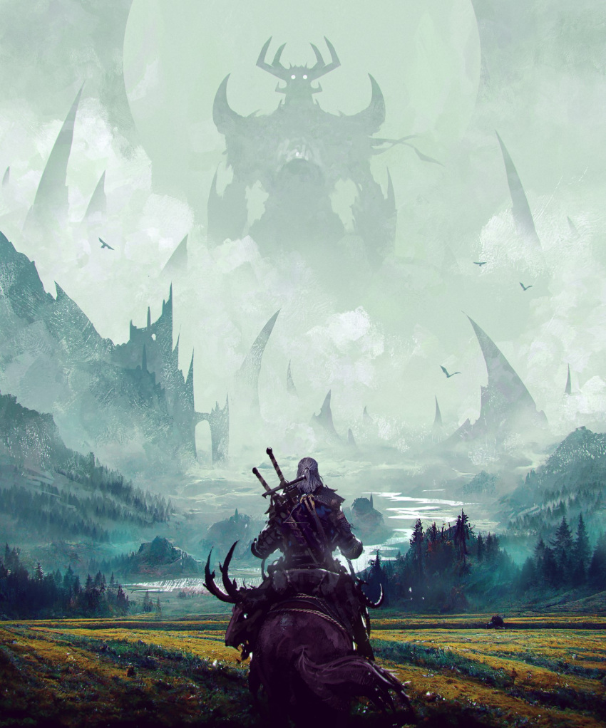 aku_(samurai_jack) armor cloud cloudy_sky crossover fog forest geralt_of_rivia giant highres kalmahul long_hair male_focus nature outdoors ponytail samurai_jack sky sword the_witcher_(series) tree weapon weapon_on_back