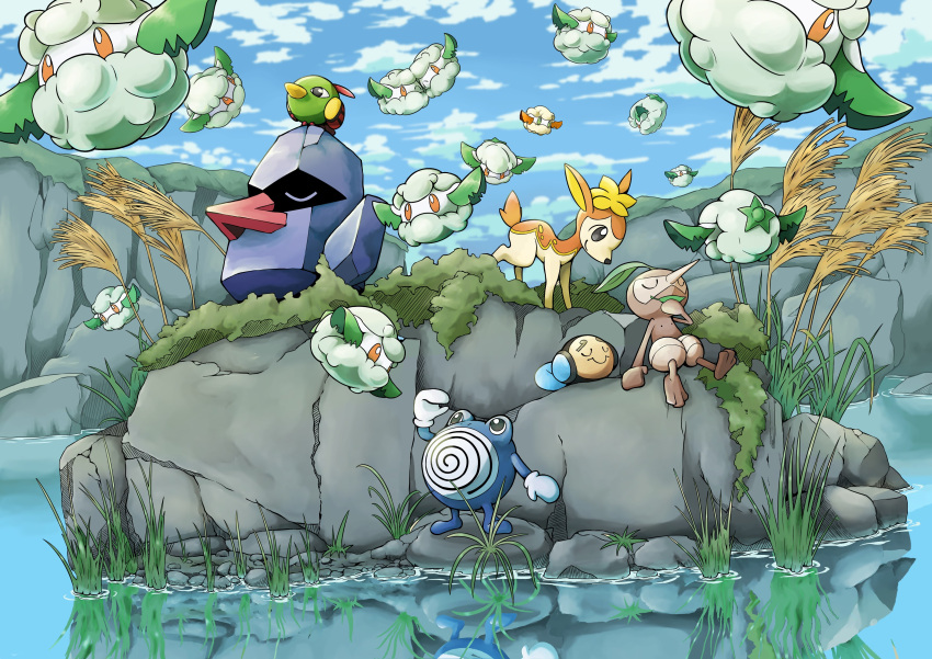 absurdres black_eyes blue_sky boulder brown_eyes closed_eyes closed_mouth cloud cottonee deerling deerling_(autumn) highres lake leaf looking_at_another nosepass nuzleaf outdoors plant pokemon pokemon_(creature) poliwhirl q-chan sky tall_grass tympole