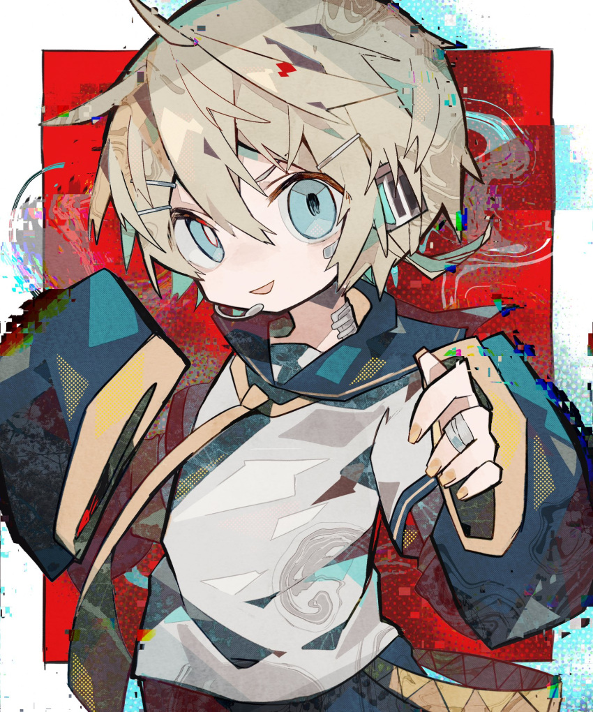 1boy abstract_background bandaged_fingers bandages bandaid bandaid_on_cheek bandaid_on_face black_sailor_collar black_shorts black_sleeves blonde_hair blue_eyes border bright_pupils cowboy_shot detached_sleeves gauze glitch hair_between_eyes hands_up headset highres kagamine_len looking_at_viewer male_focus microphone mismatched_pupils necktie open_mouth outside_border red_background sailor_collar shirt short_hair short_sleeves shorts smile solo soresaki vocaloid white_border white_pupils white_shirt wide_sleeves yellow_necktie