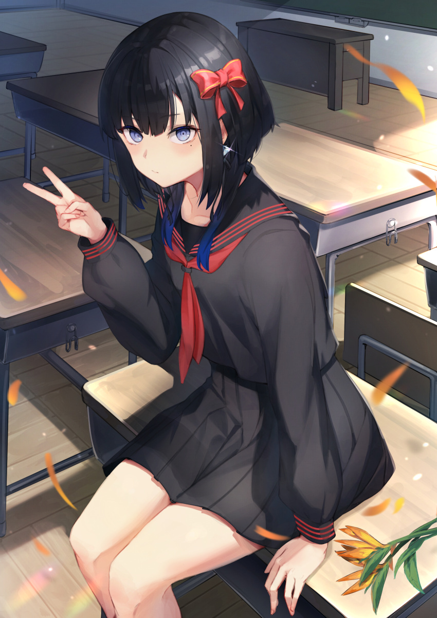 1girl absurdres arm_support black_hair black_serafuku black_shirt classroom desk e_buki highres long_sleeves looking_at_viewer original school_desk school_uniform serafuku shirt short_hair sitting solo v