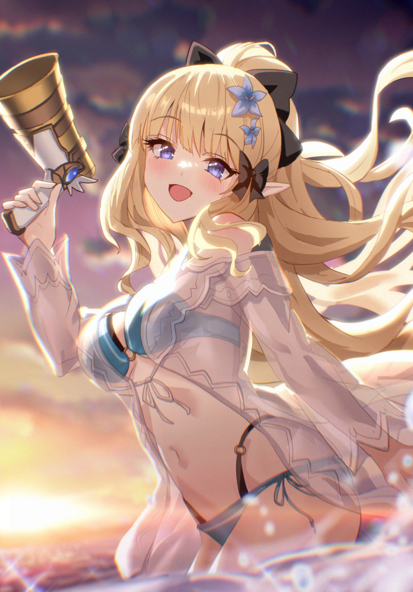 1girl ass bikini black_bow blonde_hair blue_eyes blush bow breasts cleavage elf flower hair_bow hair_flower hair_ornament hair_up highres long_hair looking_at_viewer megaphone ocean okg open_mouth pointy_ears ponytail princess_connect! saren_(princess_connect!) saren_(summer)_(princess_connect!) smile solo sunset swimsuit