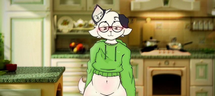 &lt;3 abdominal_bulge absurd_res alternate_color animal_humanoid belly belly_blush blurred_background blurred_foreground blush body_blush bottomless canid canid_humanoid canine canine_humanoid canis clothed clothing coat coat_only cropped cute_expression cute_eyes cute_fangs cutie_mark detailed_background dog_humanoid domestic_dog ear_blush ears_down ears_up hasbro hi_res humanoid kitchen kitchen_utensils male mammal mammal_humanoid my_little_pony navel navel_blush navel_fetish organs pinup pivoted_ears pose rumbling_stomach rusli_(character) smile solo stomach tail tools topwear topwear_only white_body xiomih