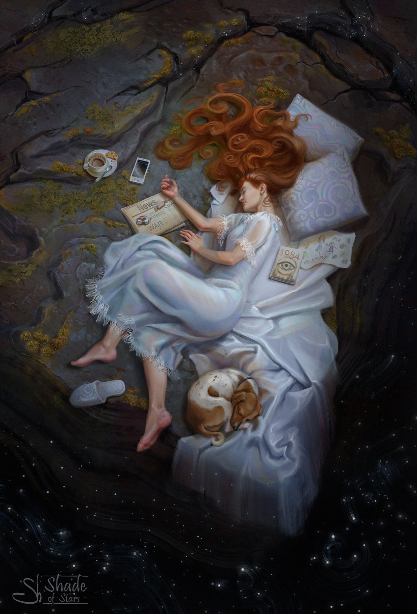 1984_(novel) 1girl absurdres animal artist_name barefoot book coffee_cup cookie cup disposable_cup dog dress english_text food highres long_hair newspaper orange_hair original phone pillow rock saucer shade_of_stars sleeping slippers slippers_removed spoon watermark white_dress