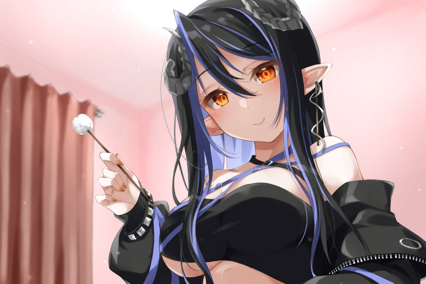 1girl bandeau belt black_bandeau black_belt black_hair black_jacket blue_belt blue_hair blush breasts brown_eyes brown_nails chest_belt closed_mouth commentary_request curled_horns curtains demon_girl demon_horns earrings fingernails fuyuno_taka grey_horns hair_between_eyes hebiyoi_tier highres horns indoors jacket jewelry lap_pov large_breasts long_hair long_sleeves looking_at_viewer mimikaki multicolored_hair nanashi_inc. off_shoulder open_clothes open_jacket pointy_ears sidelocks smile solo two-tone_hair upper_body virtual_youtuber zipper