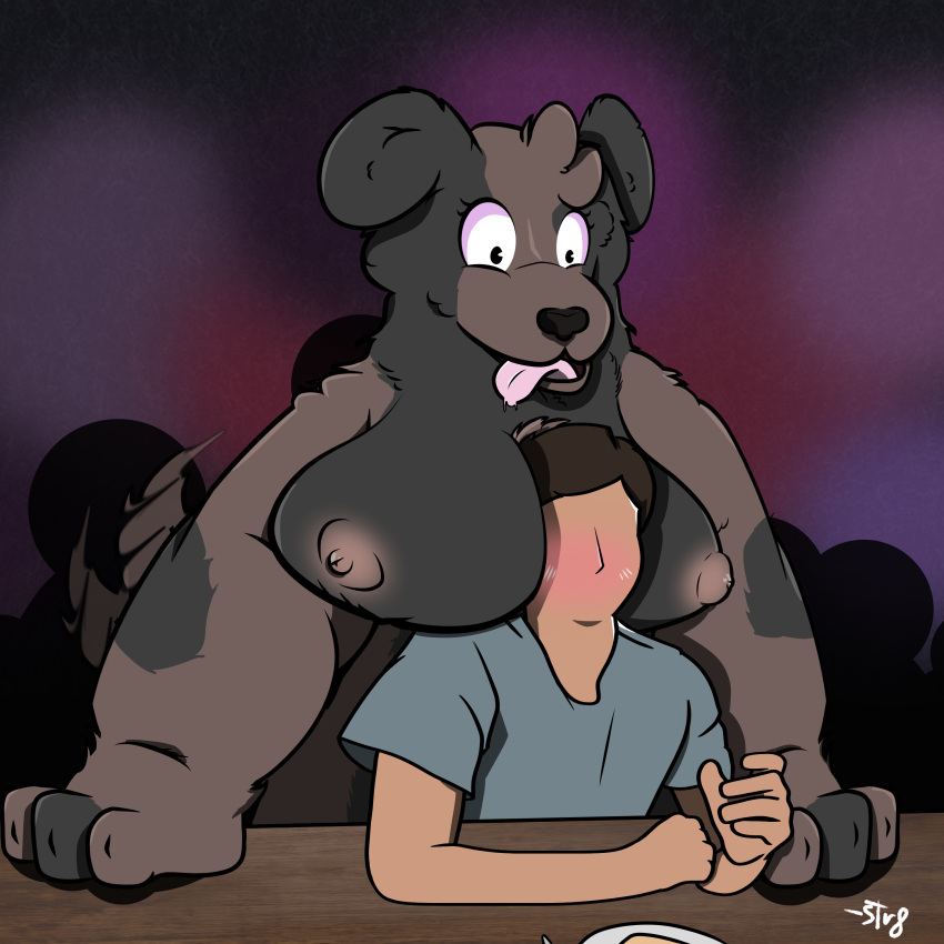 absurd_res anthro bar big_breasts blush breasts canid canine canis casual_nudity cutlery domestic_dog duo faceless_character female floppy_ears fluffy food fork furniture head_between_breasts hi_res human kitchen_utensils leaning_on_table male mammal neon_lights nude paws public public_nudity sandwich_(food) silhouetted_body size_difference smile str8aura-no-not-that-one surprise table tail tail_motion tailwag tongue tongue_out tools