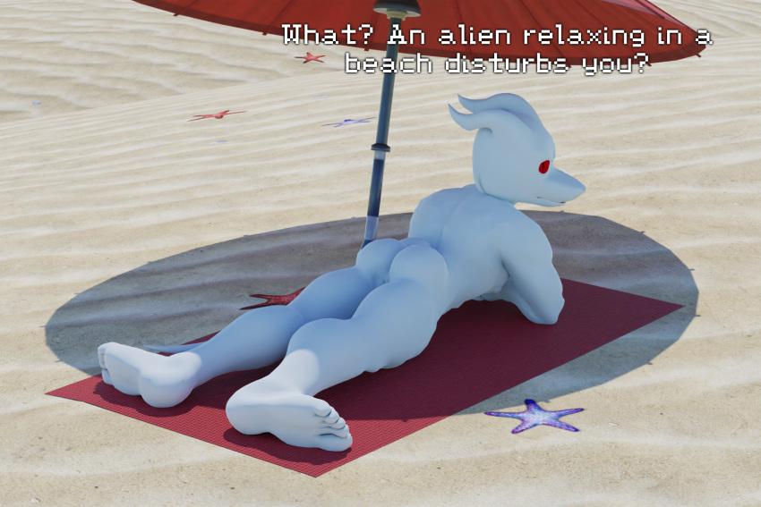 2023 3d_(artwork) albalbalb alien anus bare_body beach bubble_butt butt digital_media_(artwork) earthbound_(series) english_text feet giygas hi_res humanoid looking_at_viewer looking_back lying male muscular muscular_male nintendo nude rear_view red_eyes sand seaside shadow solo sunny tail teeth teeth_showing text thick_thighs towel umbrella white_body white_skin white_text