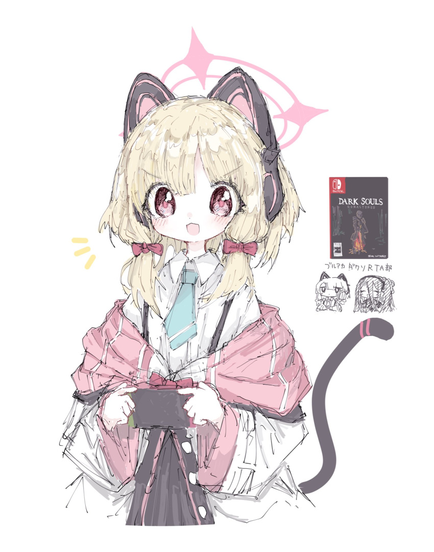 3girls animal_ear_headphones animal_ears aris_(blue_archive) blonde_hair blue_archive blush bow cat_ear_headphones chibi closed_eyes coat controller dark_souls_(series) dark_souls_i fake_animal_ears game_controller hair_between_eyes hair_bow headphones highres holding holding_controller holding_game_controller joy-con long_hair long_sleeves midori_(blue_archive) momoi_(blue_archive) multiple_girls off_shoulder open_clothes open_coat open_mouth reitoubeef shirt simple_background solo_focus white-shirt white_background white_coat white_shirt wide_sleeves