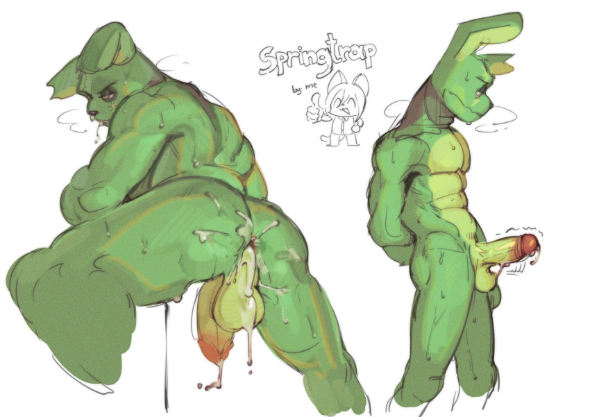 2023 absurd_res after_anal anthro anus backsack balls biped bodily_fluids breath butt cum cum_drip cum_in_ass cum_inside digital_media_(artwork) dripping erection five_nights_at_freddy's five_nights_at_freddy's_3 foreskin fur genital_fluids genitals green_body green_fur hi_res humanoid_genitalia humanoid_penis kogito lagomorph leporid male mammal nude pecs penis perineum rabbit retracted_foreskin scottgames simple_background solo springtrap_(fnaf) standing sweat throbbing_penis vein veiny_penis white_background